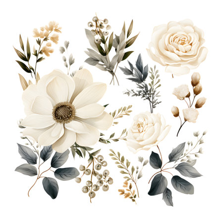 Elegant floral bouquet with white flowers, eucalyptus branches and leaves. Vector illustration.の素材