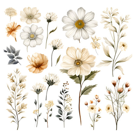 Watercolor set of flowers. Hand drawn illustration. Isolated on white background.の素材