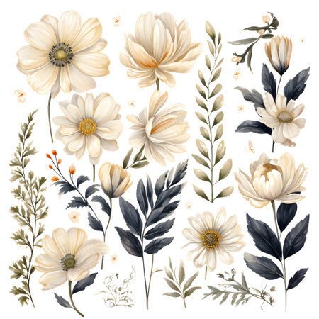 Beautiful watercolor floral set with white flowers and leaves. Hand drawn illustrationの素材