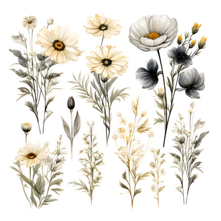 Watercolor set of wild flowers and herbs isolated on white background. Hand drawn illustration.の素材