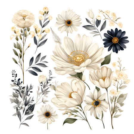 Beautiful vector floral set with white daisies, flowers and leaves.の素材