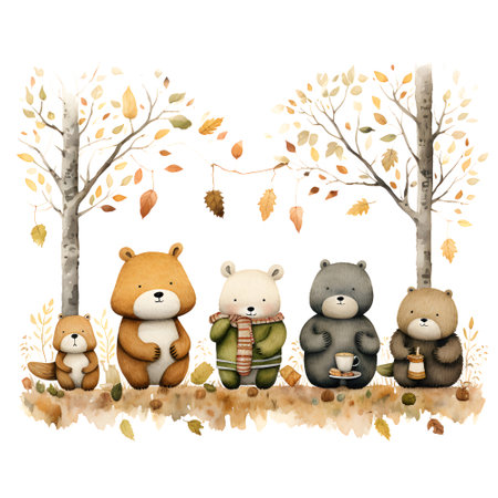Watercolor cute bear family in autumn forest. Hand drawn illustration.の素材
