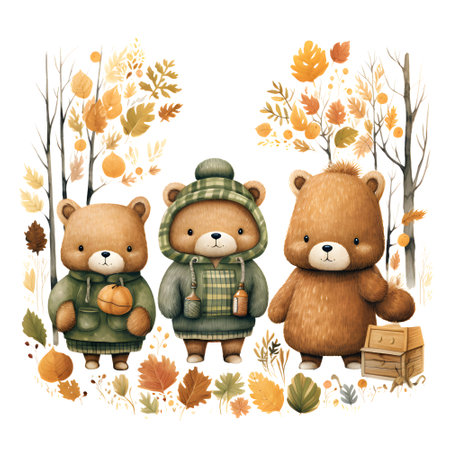 Watercolor bear family in autumn forest. Hand drawn illustration isolated on white backgroundの素材