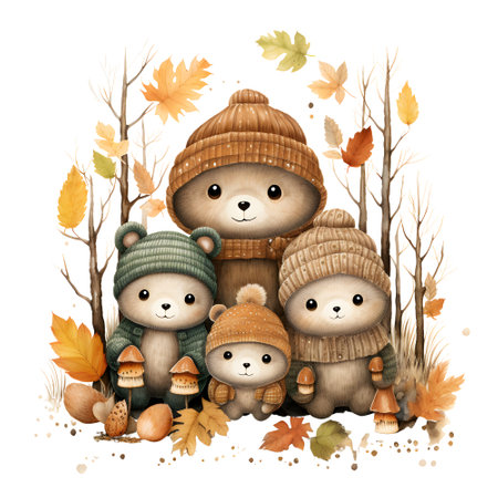 Cute cartoon family in autumn forest, hand drawn vector illustration.の素材