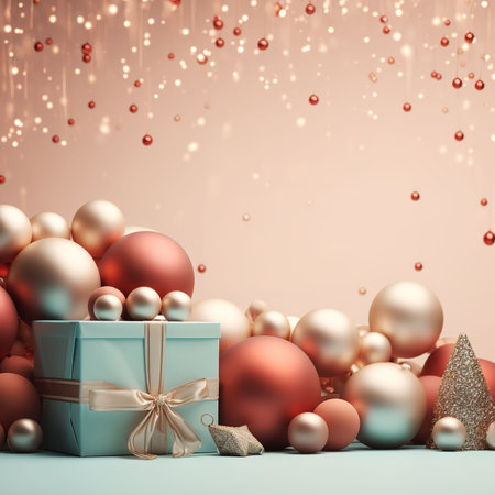 Christmas background with baubles and gift box. 3d renderingの素材