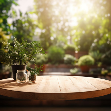 Empty wooden table and green plant in pot on blurred garden background. For product displayの素材