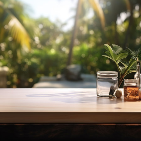 Wooden table in front of blurred garden background, product display montageの素材
