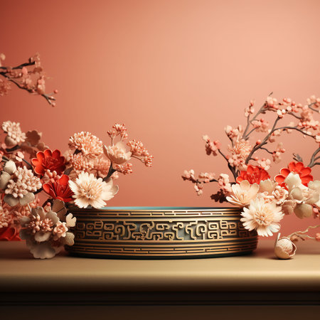 3d render of podium for product presentation with cherry blossom backgroundの素材