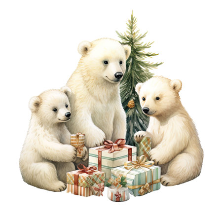 3D rendering of a group of polar bears with Christmas tree and gifts isolated on white backgroundの素材