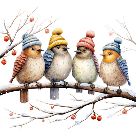 Watercolor winter birds on branch isolated on white background. Hand drawn illustrationの素材