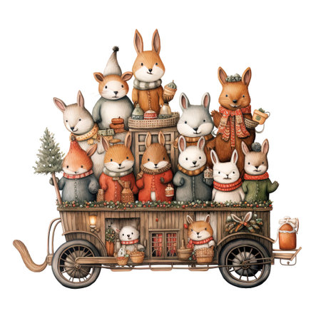 Cute cartoon foxes with christmas gifts on a wooden cart.の素材
