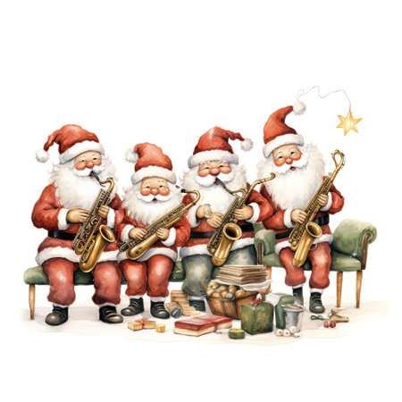 Santa Claus with musical instruments. Watercolor illustration isolated on white backgroundの素材
