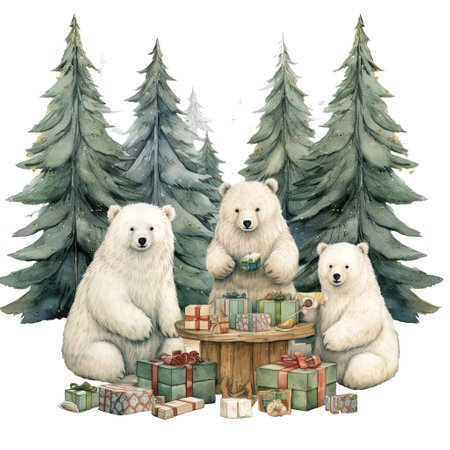 Watercolor Christmas card with three polar bears, pine trees, gifts and presentsの素材