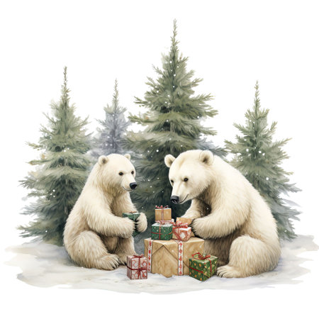 Two polar bears sitting on the snow with gift boxes in winter forestの素材