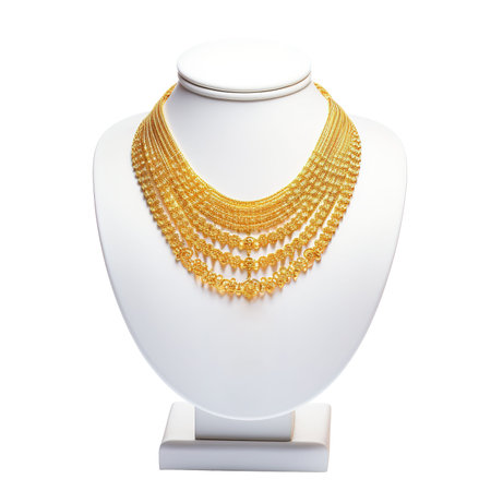 Gold necklace on a white mannequin isolated on white background. 3d renderの素材