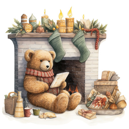 Teddy bear with a book near the fireplace. Watercolor illustrationの素材