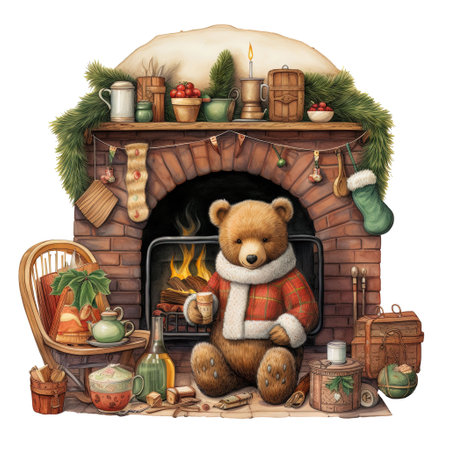 Illustration of a fireplace with a teddy bear and Christmas decorationsの素材