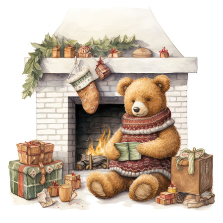 Christmas greeting card with cute teddy bear in front of fireplace.の素材