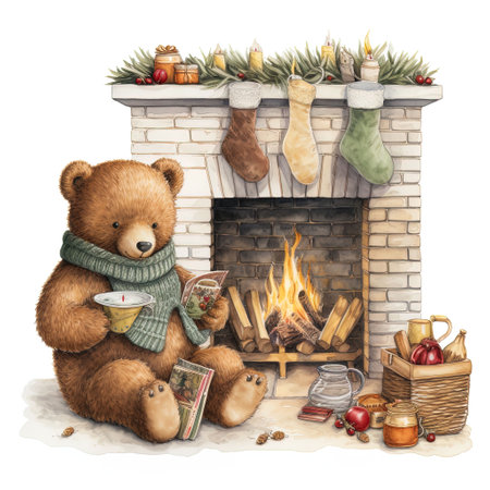 Christmas and New Year greeting card with teddy bear near fireplace.の素材