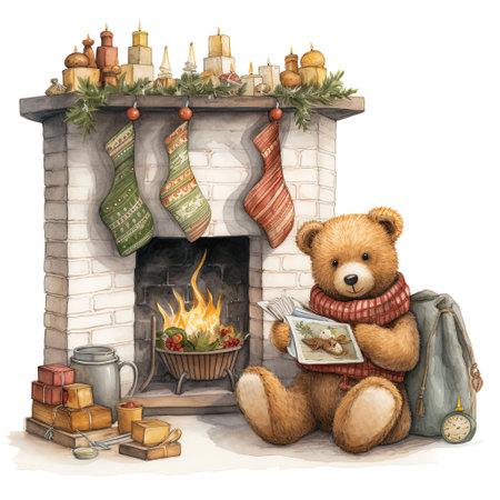 Watercolor illustration of a teddy bear reading a book near the fireplaceの素材