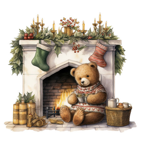 Cute teddy bear sitting in front of a fireplace. Watercolor illustrationの素材