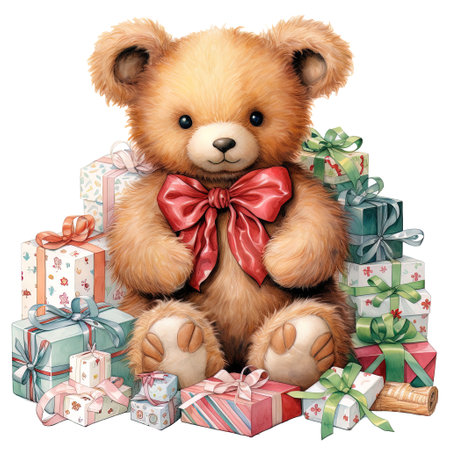 Teddy bear with gift boxes isolated on white background. 3D rendering.の素材
