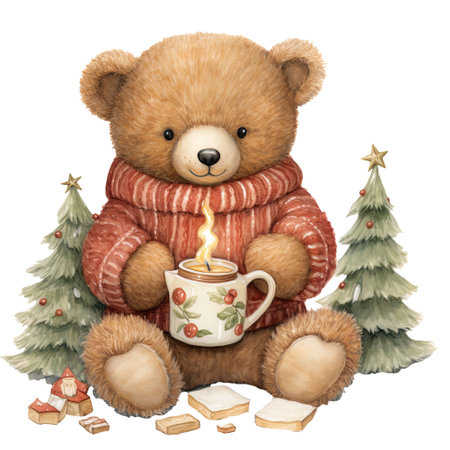 Cute teddy bear in a warm knitted scarf with a cup of coffee and cookies.の素材