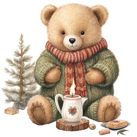 Christmas greeting card. Cute teddy bear in warm sweater, scarf and cup of tea.の素材