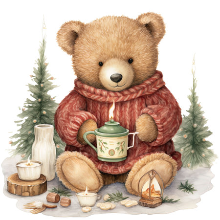 Watercolor illustration of a teddy bear in a warm knitted sweater with a cup of tea and a candle.の素材