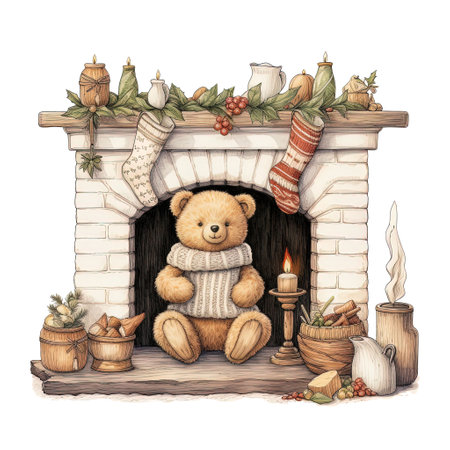 Christmas fireplace with teddy bear. Watercolor hand drawn illustration.の素材