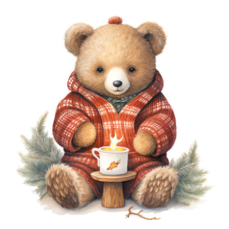 Watercolor teddy bear in a warm sweater with a candle in his hands.の素材