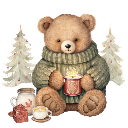 Cute teddy bear in a warm knitted sweater with a cup of tea, a candle and a Christmas tree on a white background.の素材