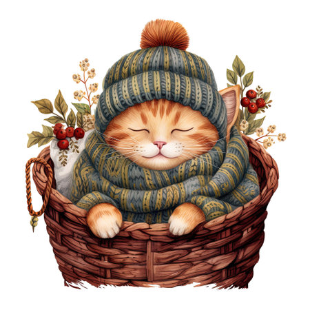 Cute cat in a warm knitted hat and scarf sleeping in a basket. Watercolor illustration.の素材