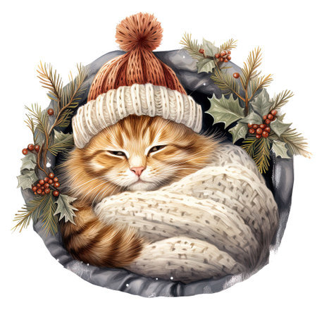 Cute ginger cat in warm knitted hat and scarf, winter wreath. Watercolor hand drawn illustrationの素材