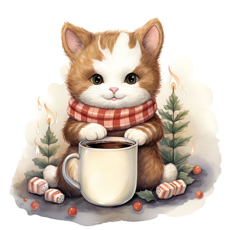 Cute ginger cat with a cup of coffee and Christmas decorations on a white backgroundの素材
