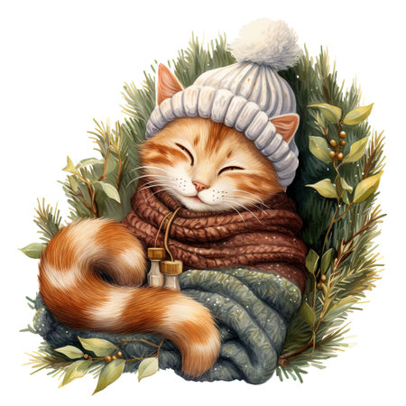Cute ginger cat in knitted hat and scarf with Christmas wreath. Watercolor illustrationの素材