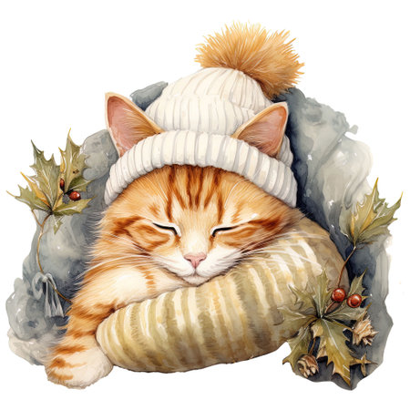 Watercolor cute ginger cat is sleeping in a warm hat sleeps on a pillow.の素材