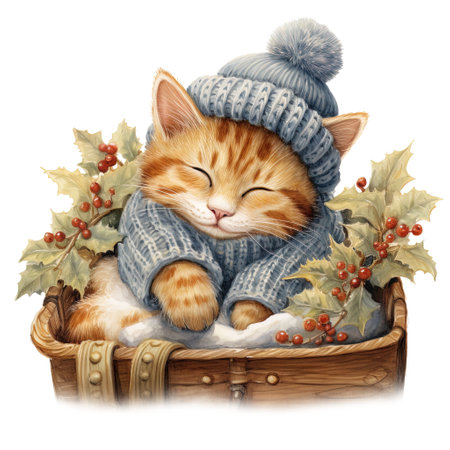 Cute ginger cat in a blue knitted hat and scarf sleeping in a basket with autumn leaves and berries.の素材