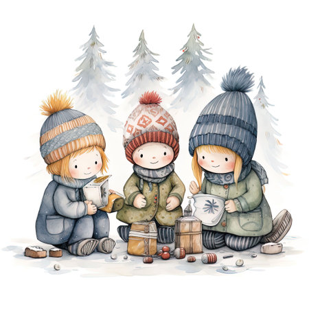 Children in winter clothes with a cup of hot drink. Watercolor illustrationの素材