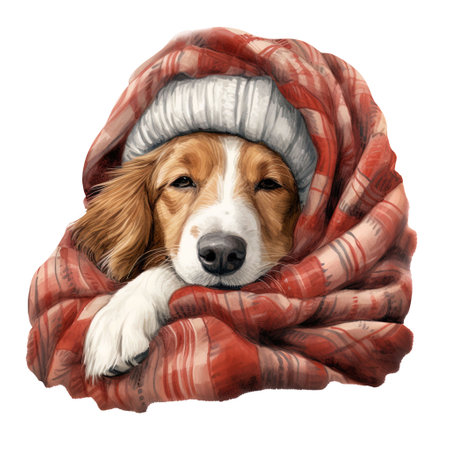 Portrait of a dog wrapped in a blanket isolated on white backgroundの素材