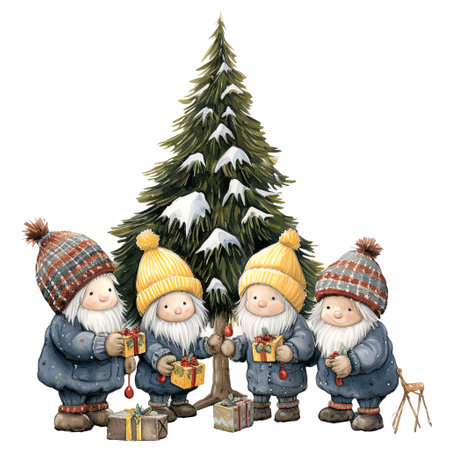 cartoon scene with three gnomes near christmas tree on white background - illustration for childrenの素材