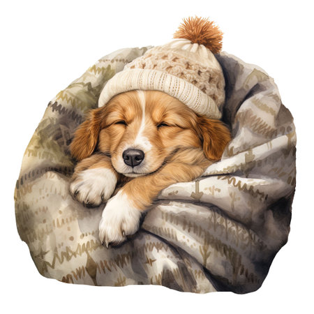 Cute puppy sleeping in a warm hat. Isolated on white background.の素材