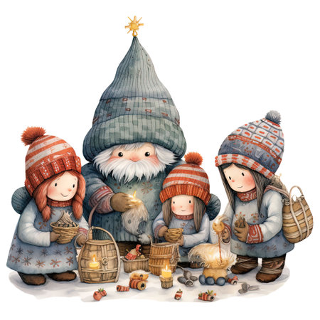 Illustration of a group of children in winter clothes with a candle.の素材
