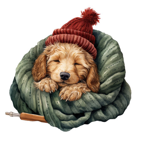 Cocker Spaniel puppy sleeping in a green plaid. Watercolor illustration.の素材