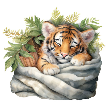 Watercolor illustration of a tiger cub is sleeping in a basket with leaves.の素材