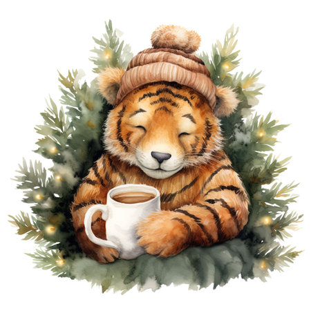 Watercolor illustration of a tiger is sleeping in a hat and a scarf with a cup of hot tea.の素材