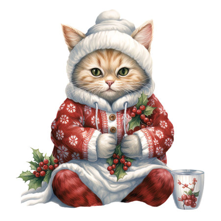 Cute cat in winter clothes with cup of hot drink. Christmas illustration.の素材