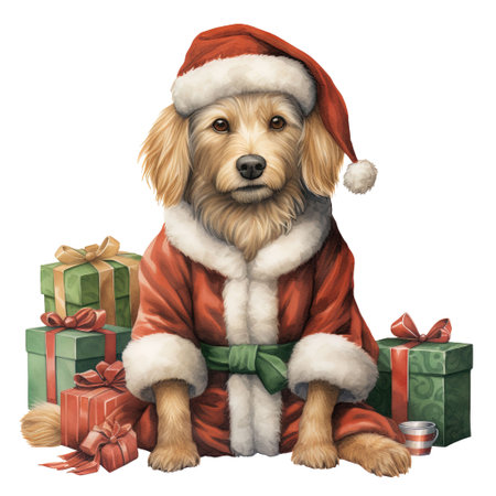 Cute dog in santa claus costume with christmas giftsの素材