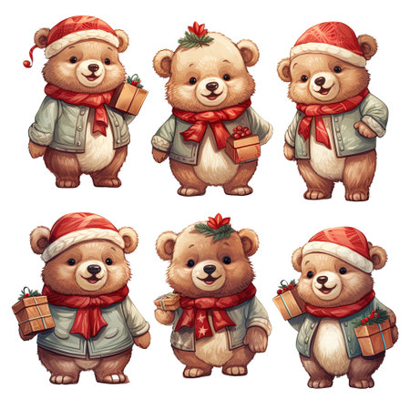 Set of cute bears in Santa Claus clothes and hats with gifts. Vector illustration.の素材