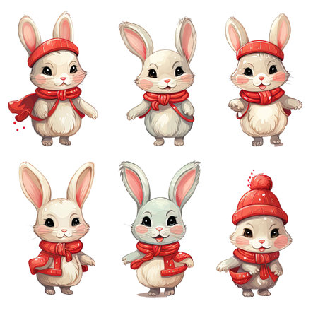 Rabbits in winter clothes set. Cute cartoon characters. Vector illustration.の素材
